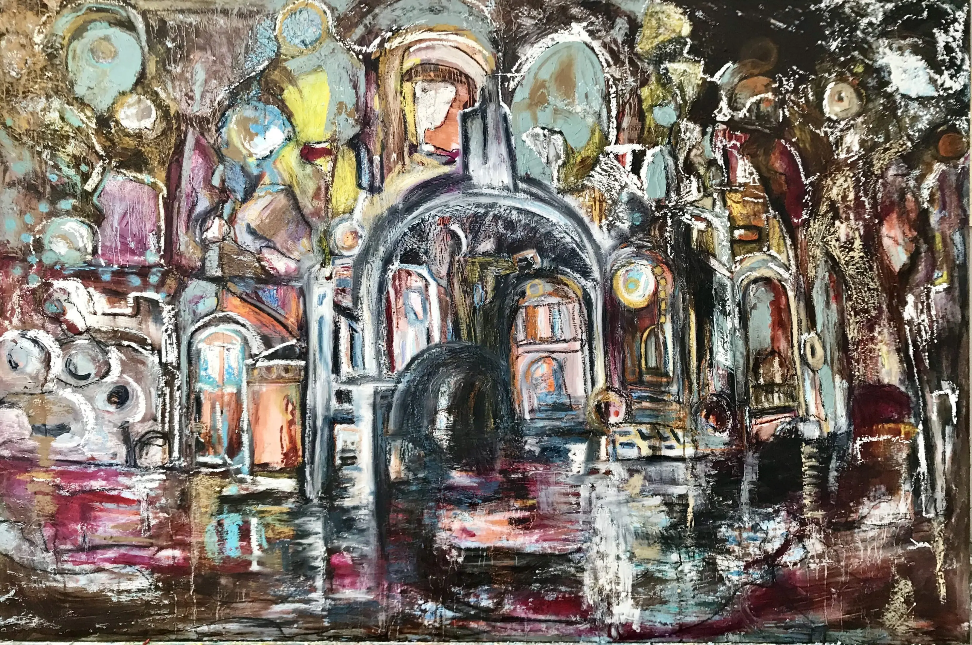 A painting of an old church with many windows