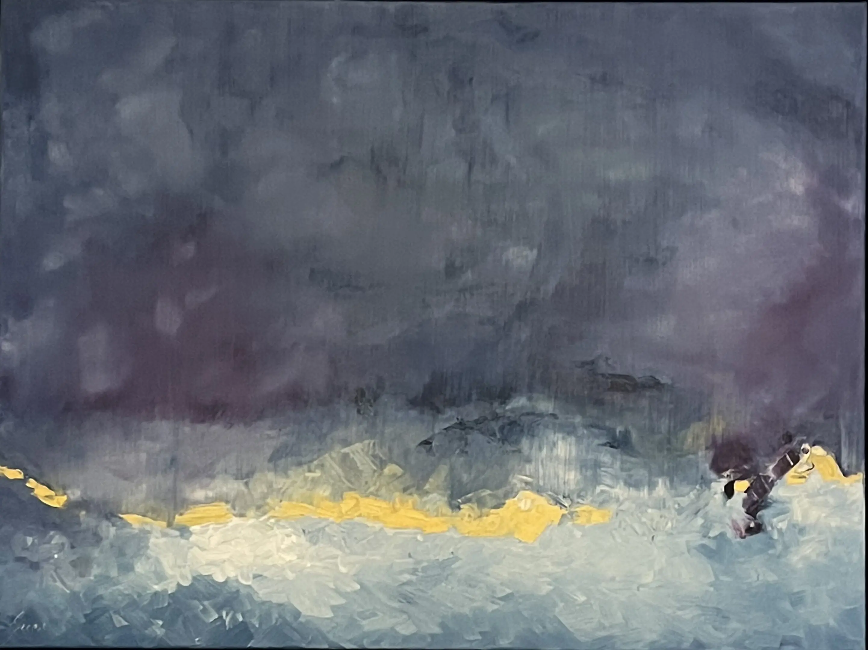 A painting of a person riding a horse in the snow.