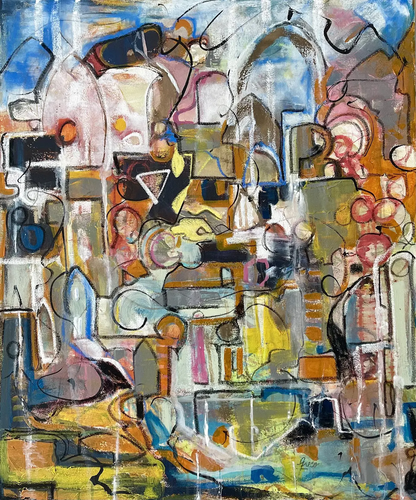 A painting of various shapes and colors in the background.