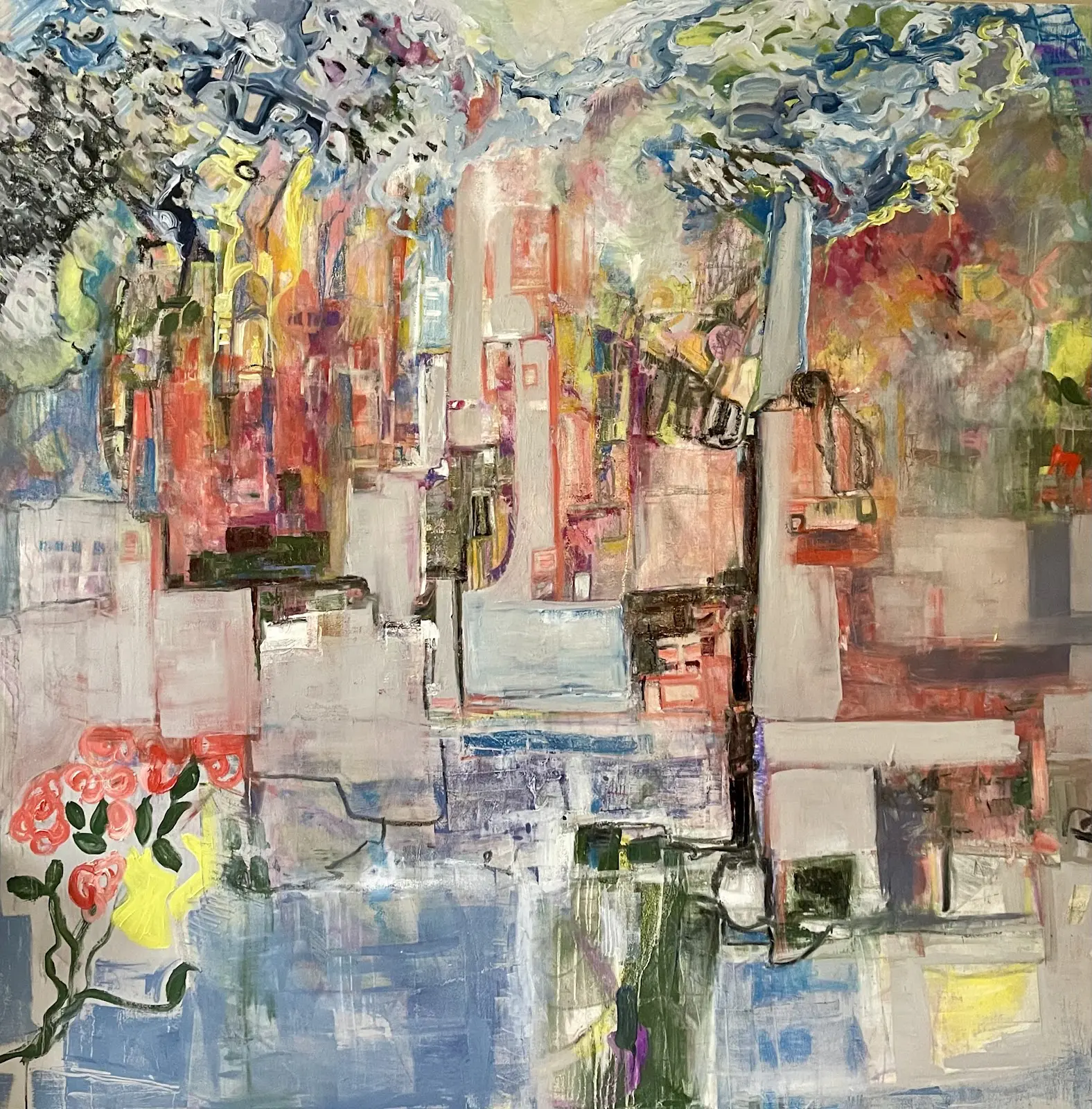 A painting of trees and flowers in the background.