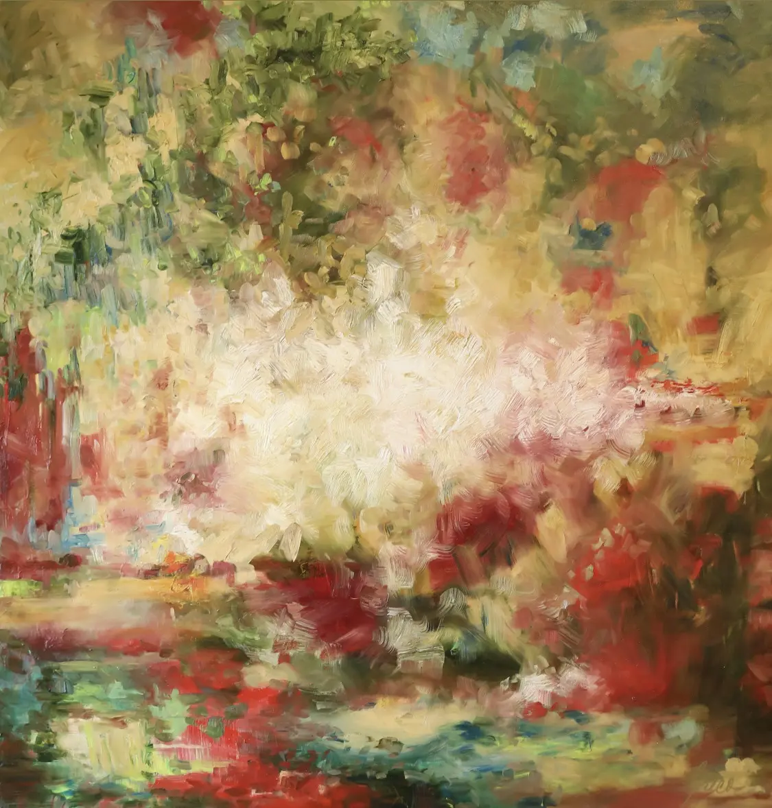 A painting of trees and water in the background