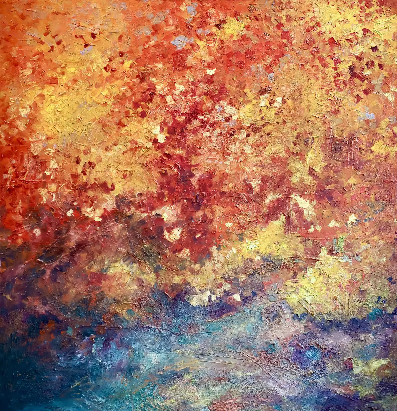 A painting of trees in the middle of a forest.