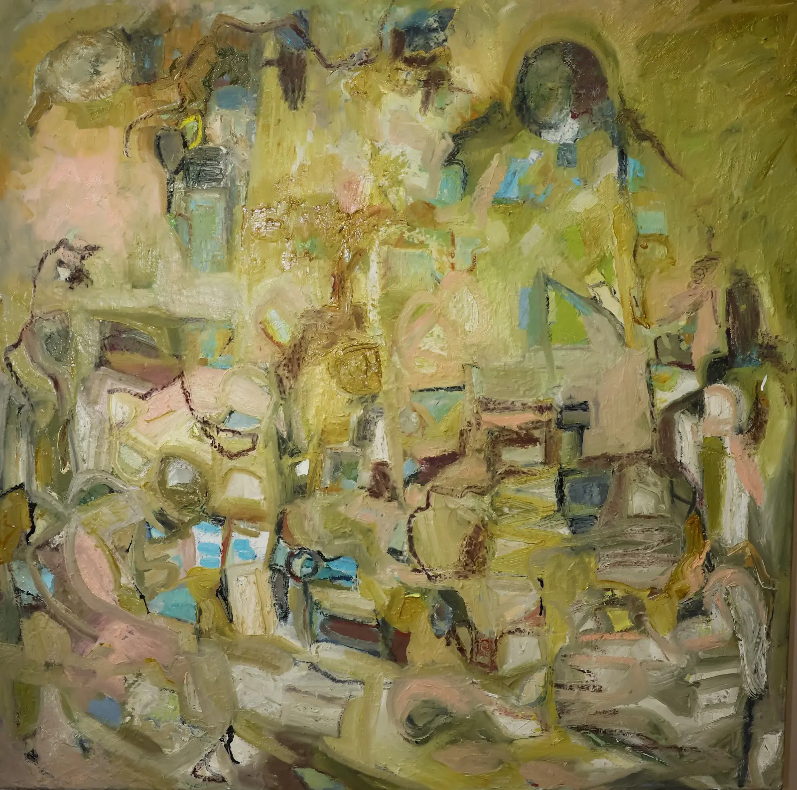 A painting of various shapes and colors in yellow.