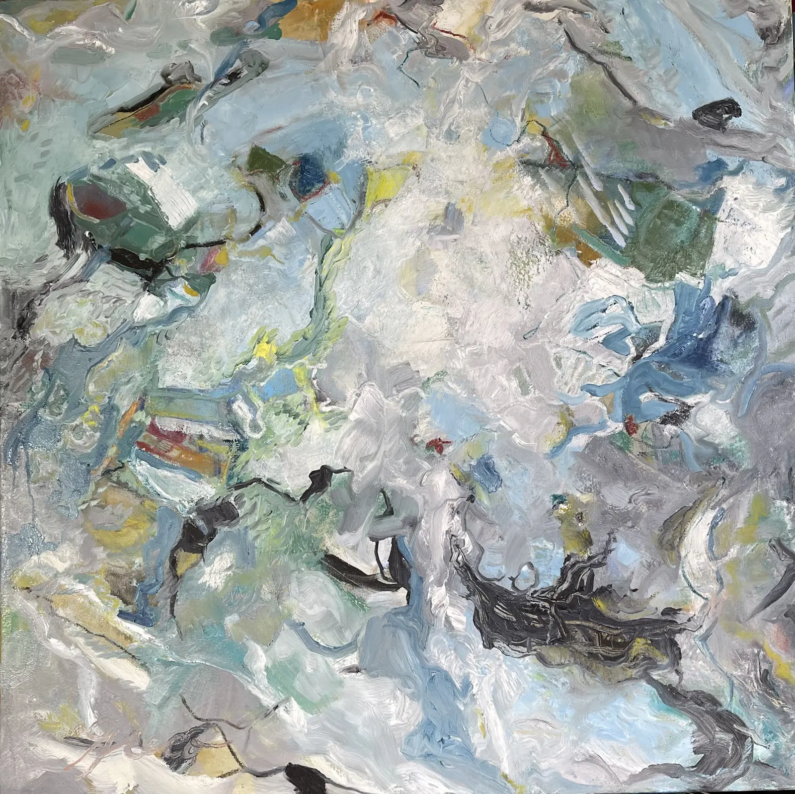 A painting of a gray and white abstract background
