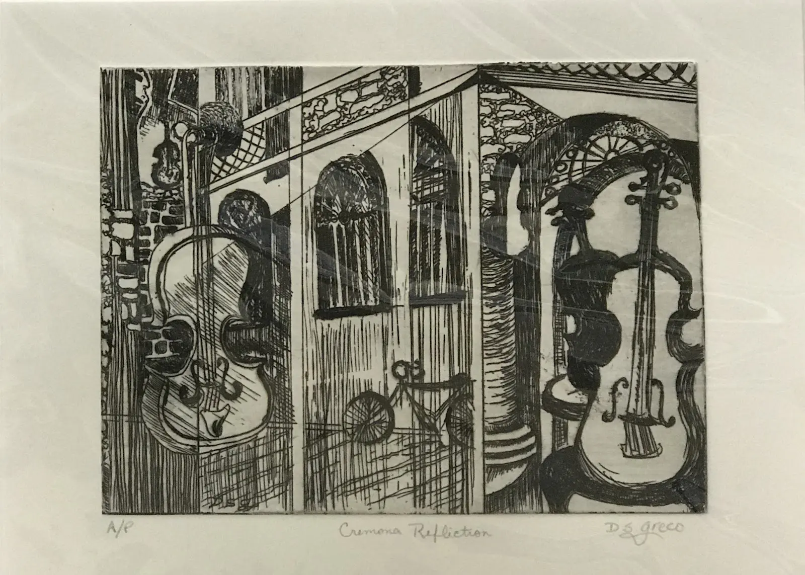 A black and white drawing of a building with a violin.