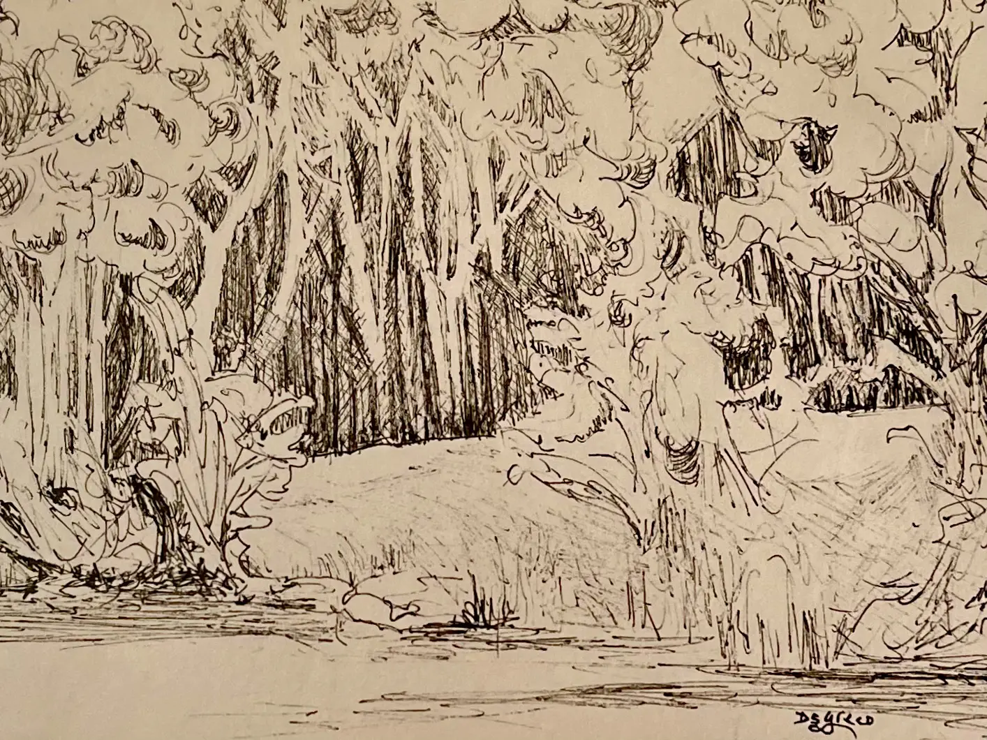 A drawing of trees and bushes in the water.