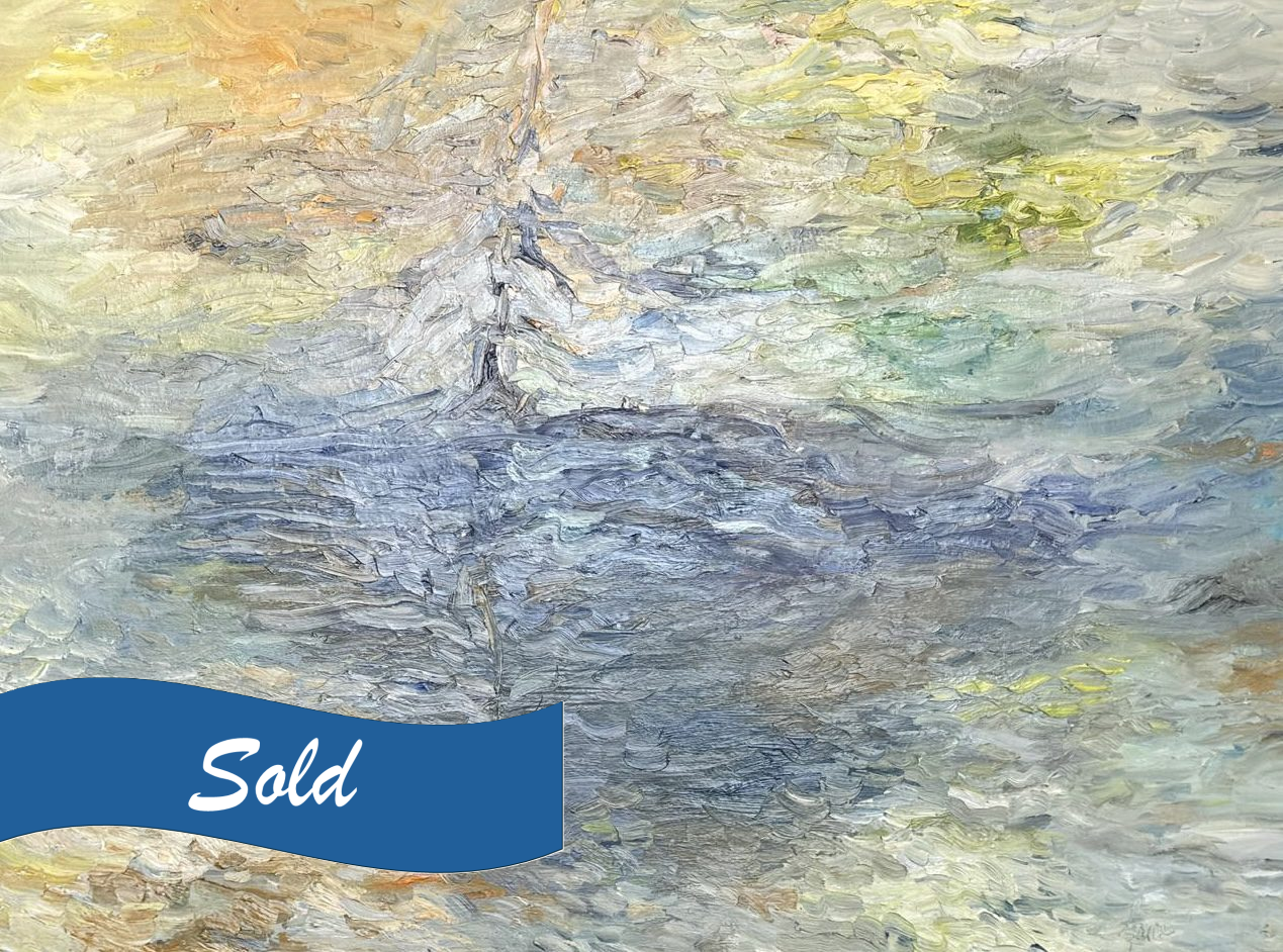 A painting of water and sky with the word sold in blue.