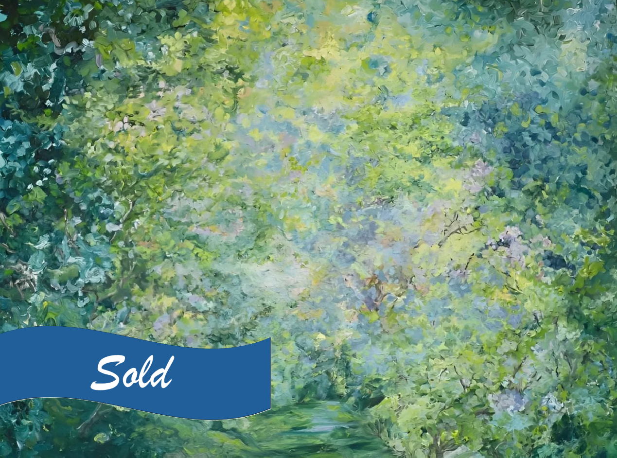 A painting of trees with blue sky in the background