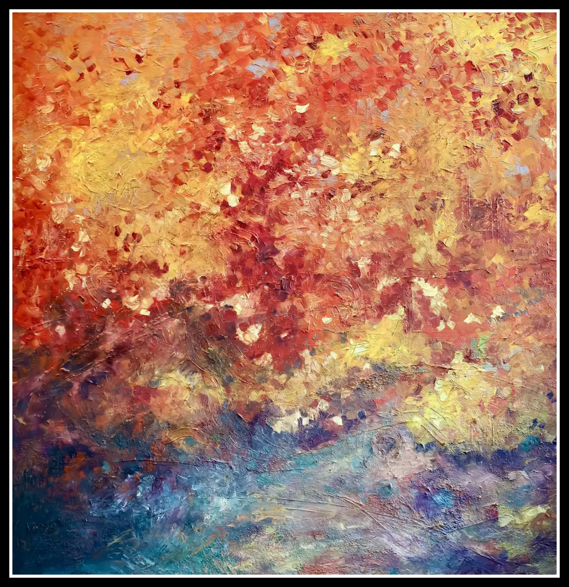 "Haliburton Autumn" A painting of a colorful sky with yellow and red colors.