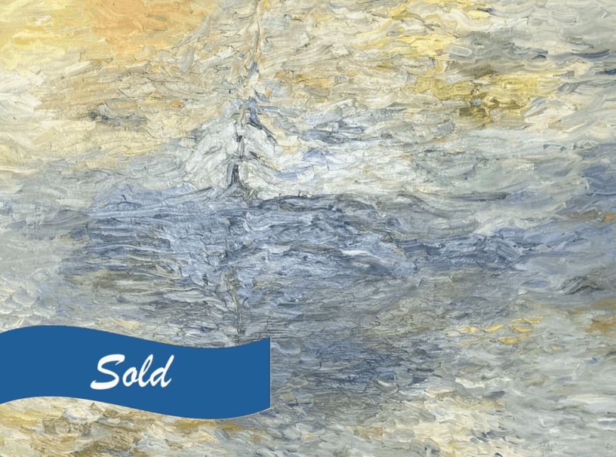 A painting of water and sky with the word sold in blue.