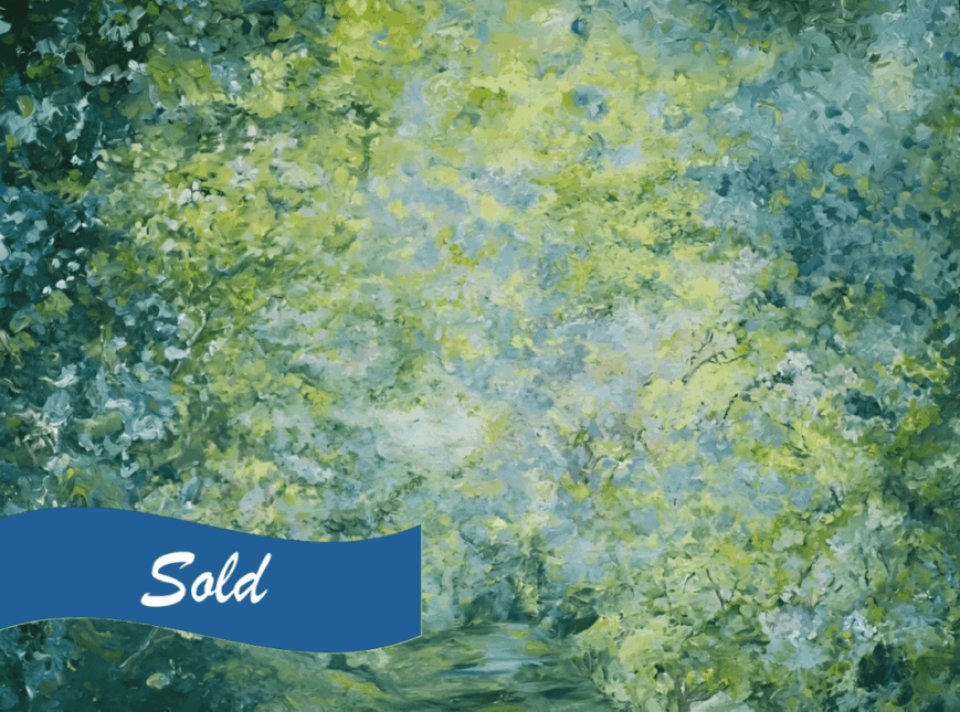 A painting of trees with blue sky in the background